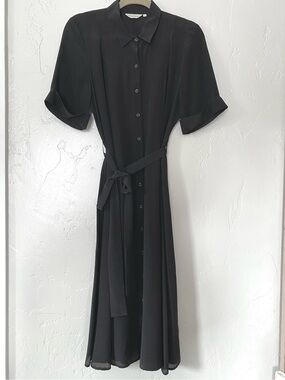 TYLHO Elegant Black Midi Shirt Dress with Self-Tie Waist Size M